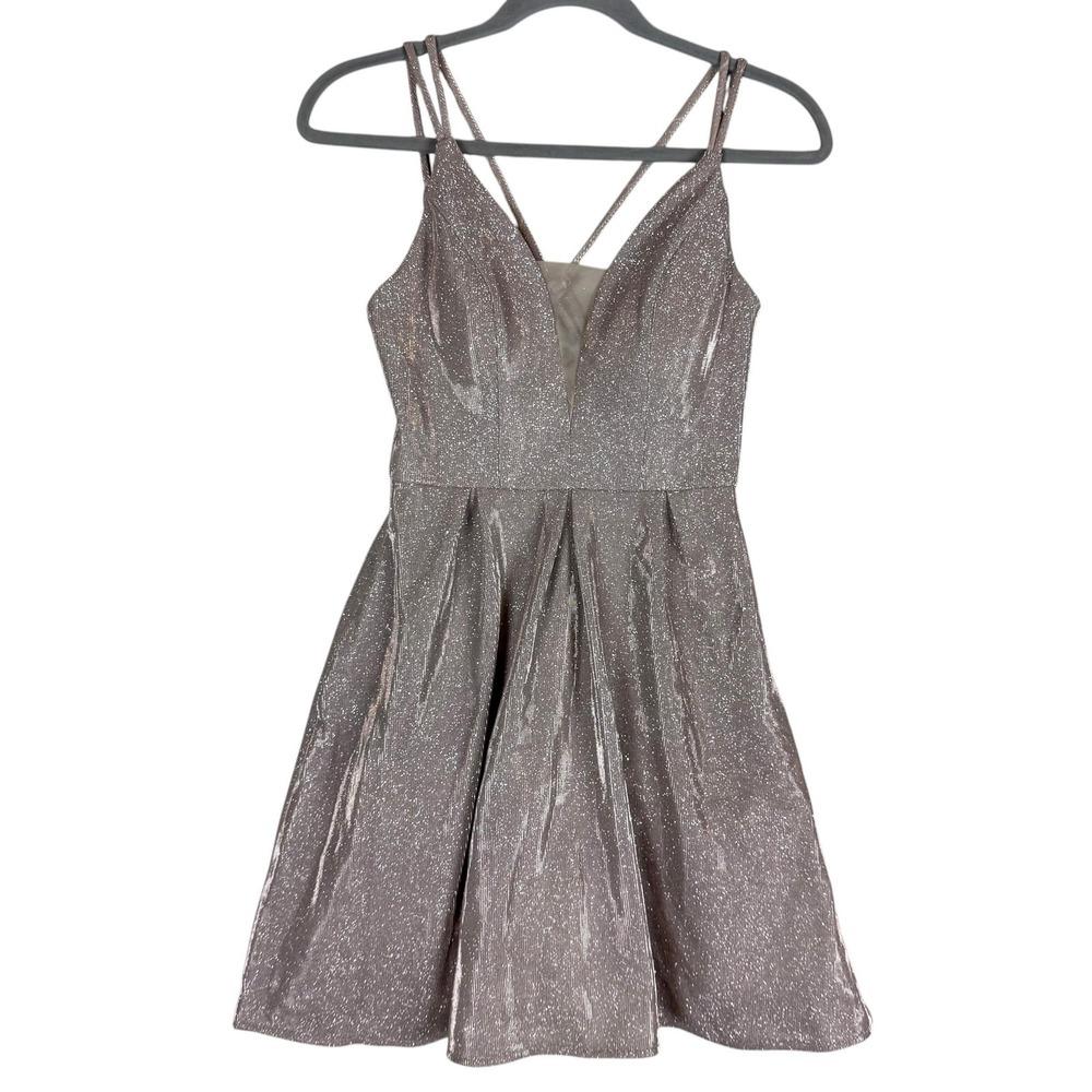 Crystal Doll Dress Juniors 1 Pink Glitter Fit & Flare Strappy V Neck Mini Party